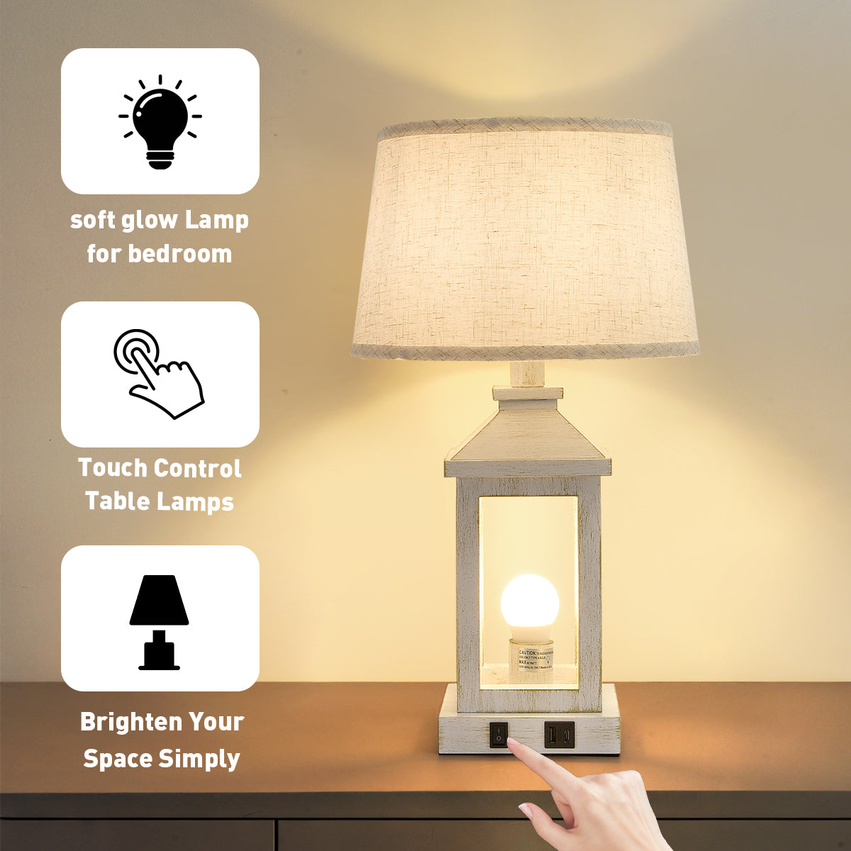 20.5 Set Of 2 Vintage Table Lamps For Living Room,Farmhouse Industrial Nightstand Lamp With USB C  A  Outlet,White Bedside Lamps For End Table With Nightlight Including Light Bulbs