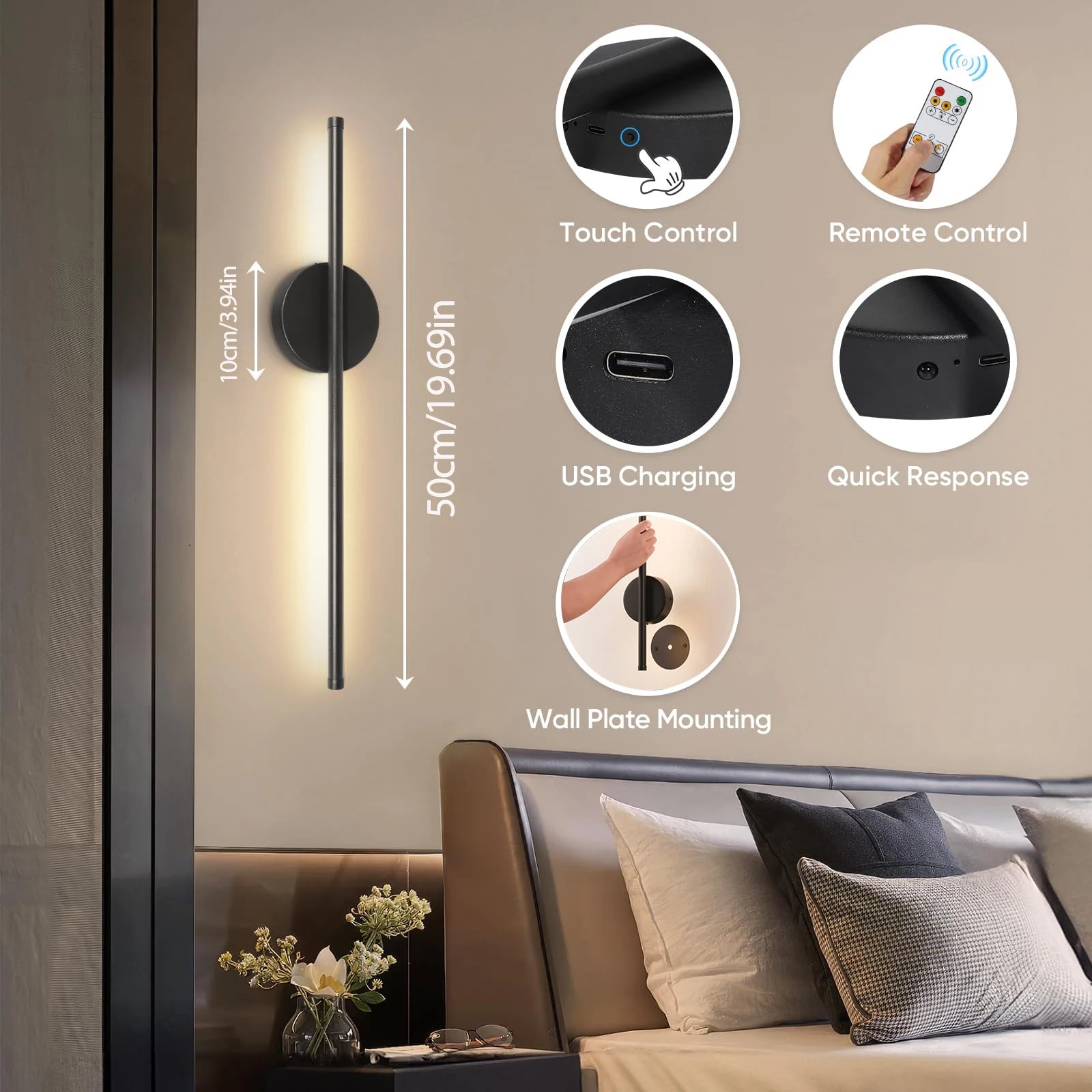 Rechargeable LED Wall Light – Wireless Modern Sconce with Remote Dimming
