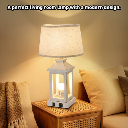 20.5 Set Of 2 Vintage Table Lamps For Living Room,Farmhouse Industrial Nightstand Lamp With USB C  A  Outlet,White Bedside Lamps For End Table With Nightlight Including Light Bulbs