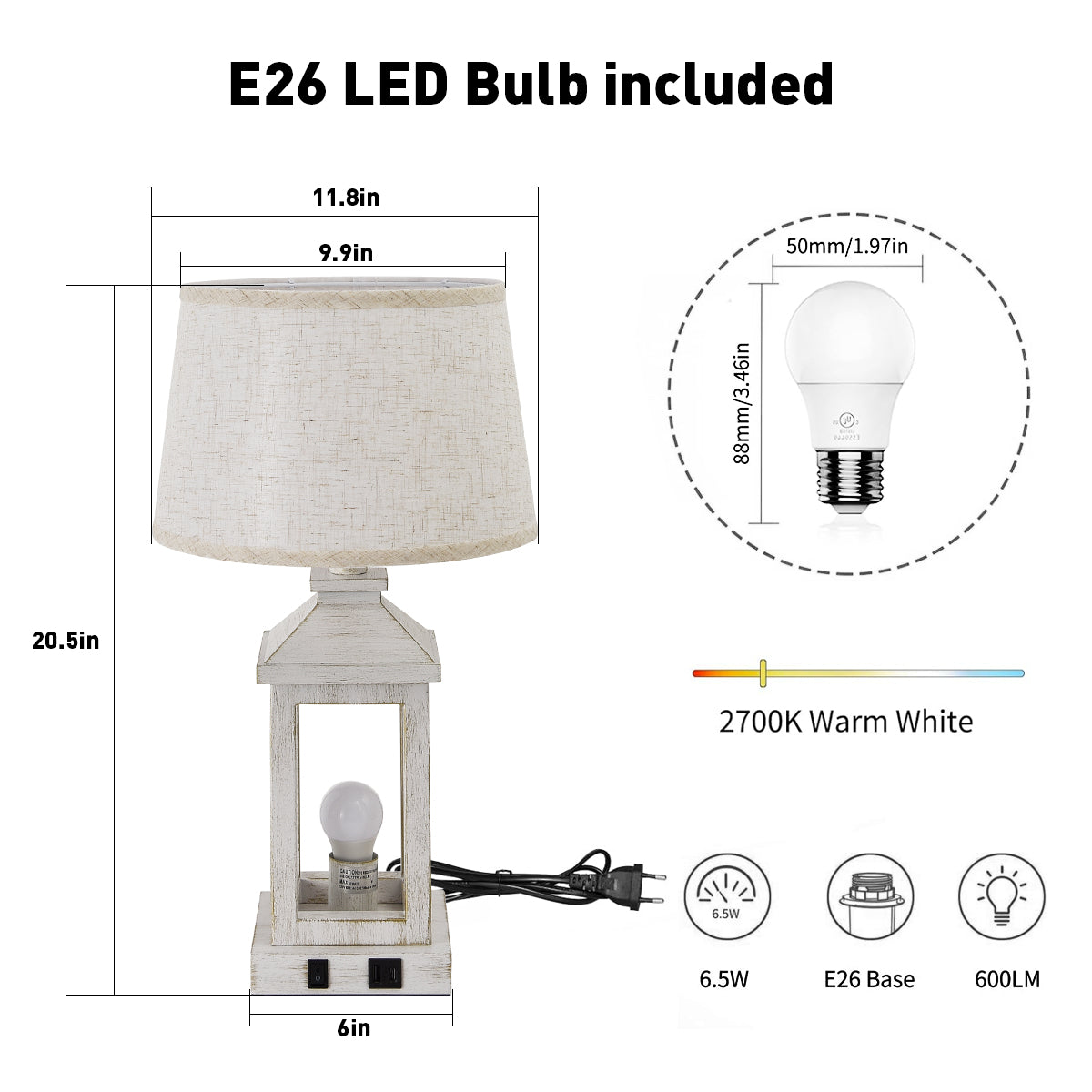 20.5 Set Of 2 Vintage Table Lamps For Living Room,Farmhouse Industrial Nightstand Lamp With USB C  A  Outlet,White Bedside Lamps For End Table With Nightlight Including Light Bulbs